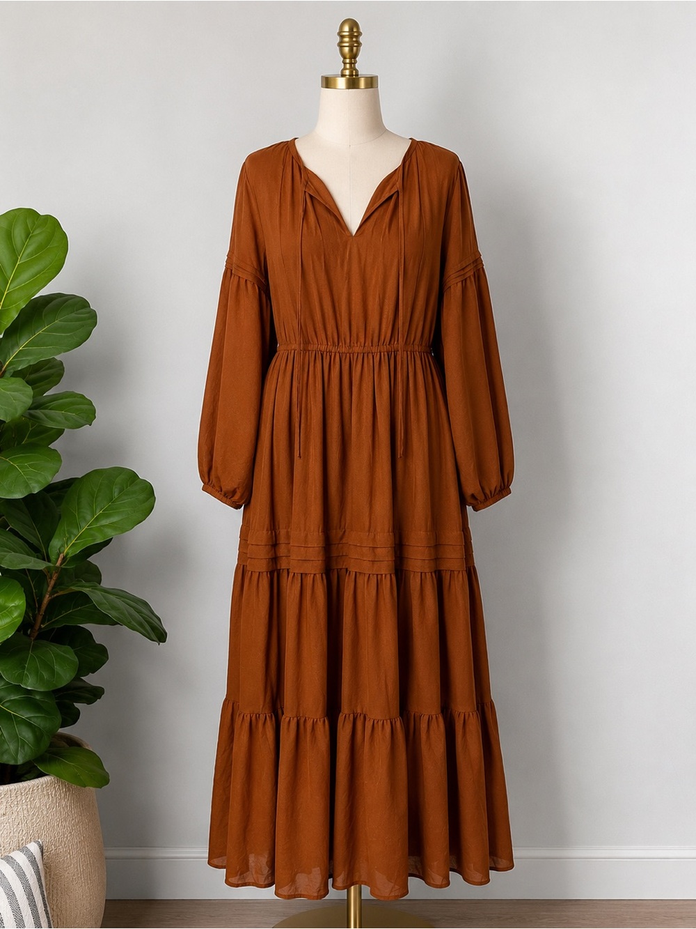 Tiered V-Neck Maxi Dress in Rust Brown